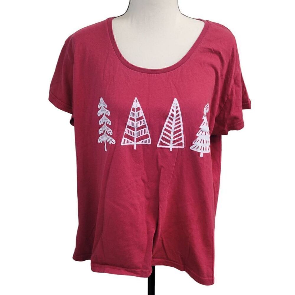 Celebrate It Festive Tree Tee Top Sz XL Red Holidays Christmas Trees 100% Cotton